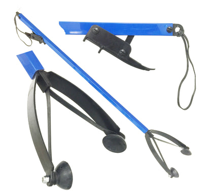 blue reacher pick up tool with closeup of handle and cups