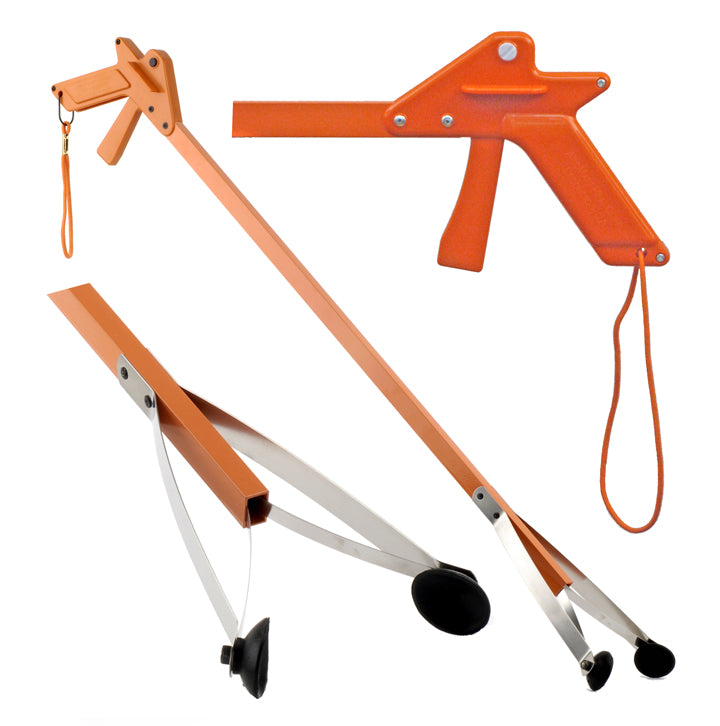 orange reacher grabber tool with closeup of handle and cups