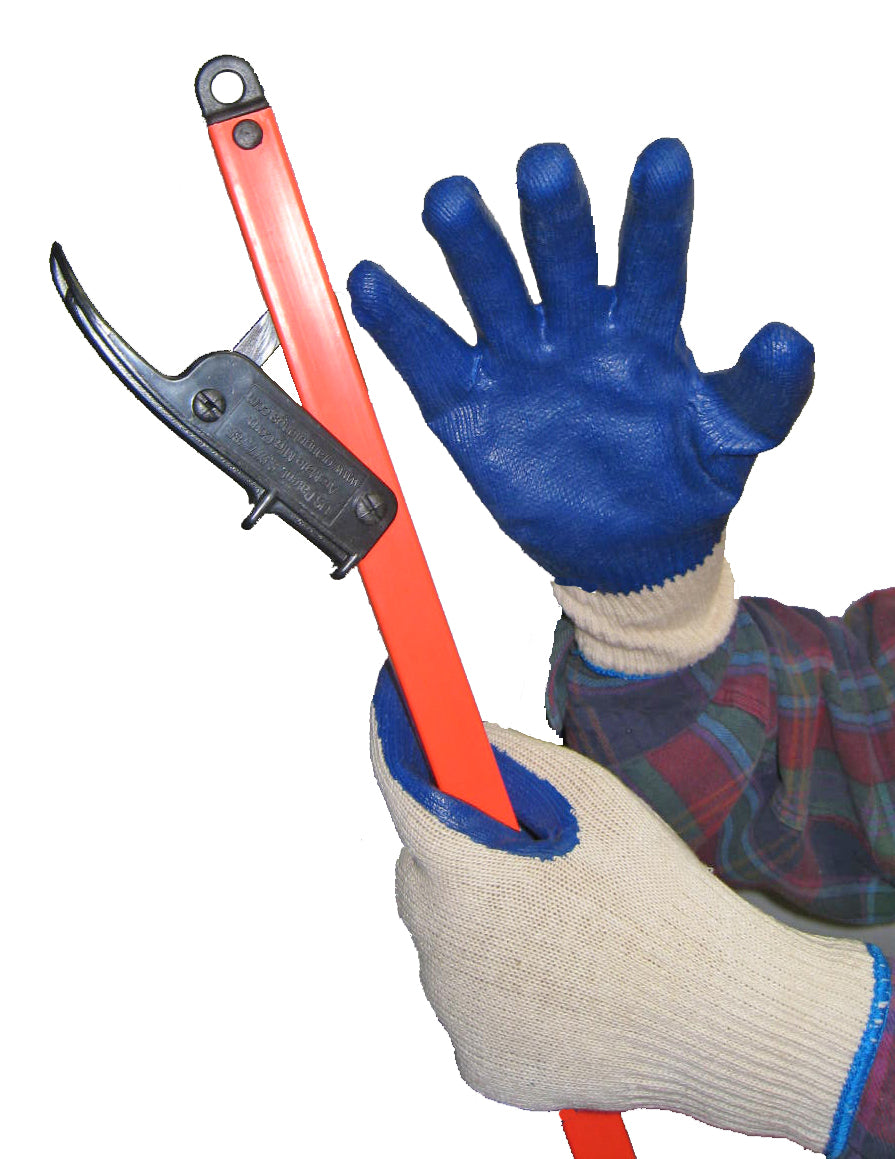 photo of person holding reacher grabber tool with cotton gloves with a blue latex palm