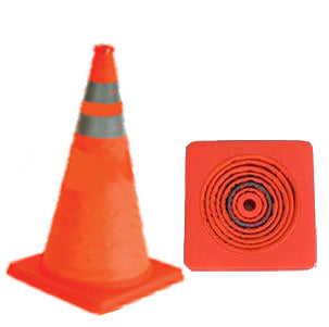 photo of bright orange collapsible traffic cone.