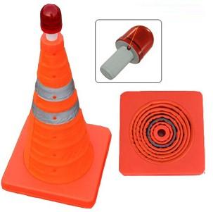 photo of bright orange collapsible traffic cone with red LED light on top of cone. 