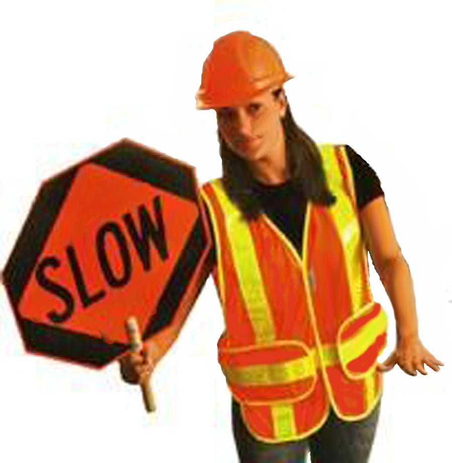 person holding slow sign wearing orange and yellow safety vest