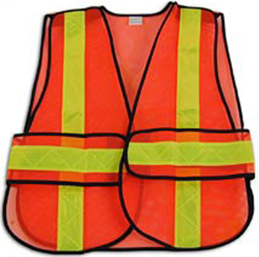 orange safety vest with yellow stripes