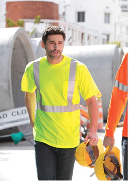 person in construction wearing safety tee with reflective straps