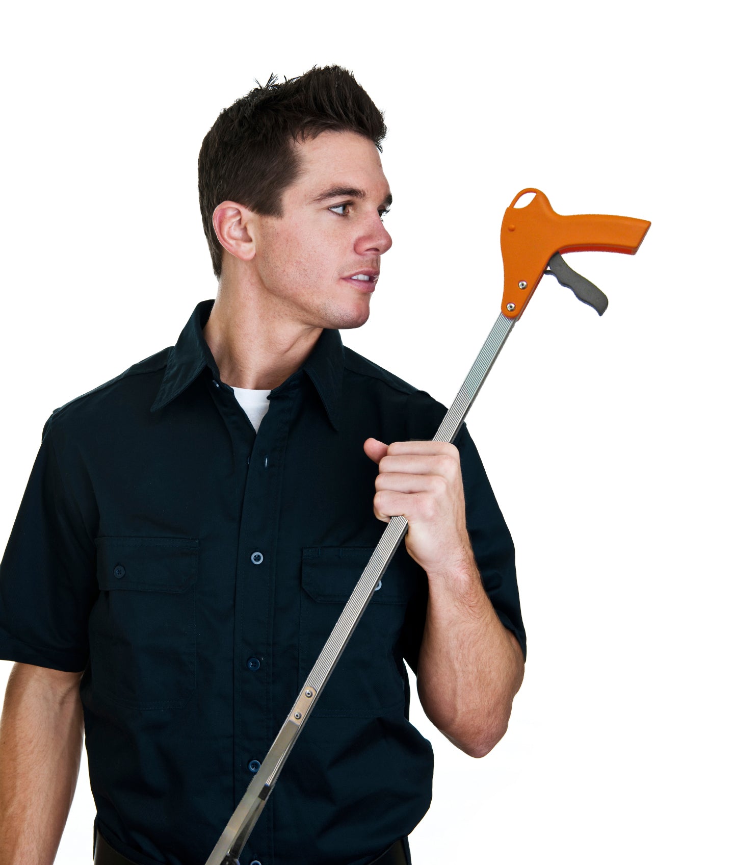 man holding orange reacher grabber pick up tool