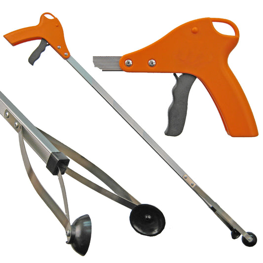 orange handle reacher grabber tool with closeup of handle and cups