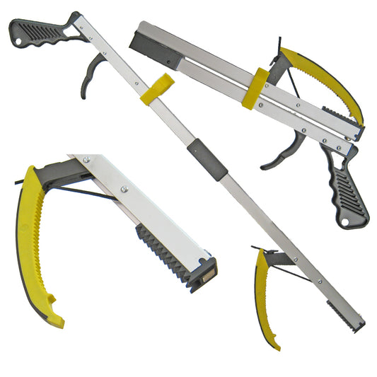 ErgoMate Grabber Reacher product display showing the tool extended, collapsed, and a close up of the grabber head.