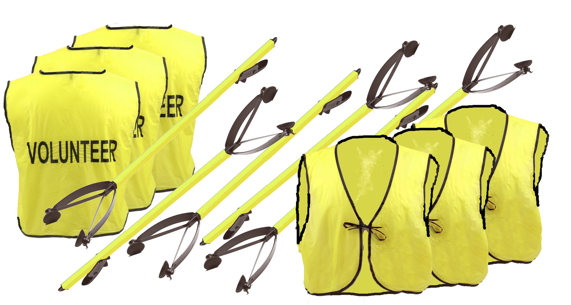 set of 6 yellow safety vests and yellow reacher grabber tools for litter pick up